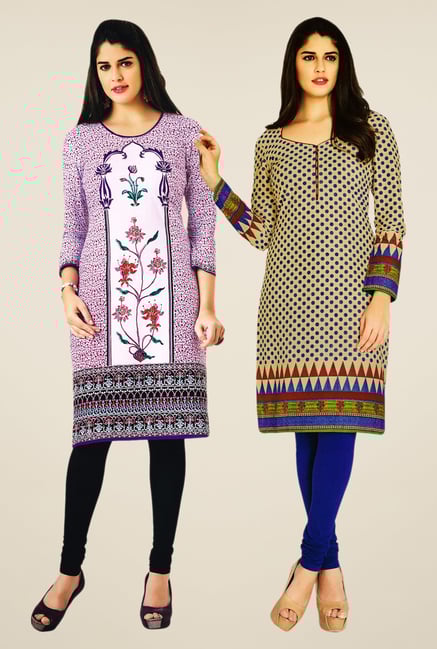 Salwar Studio Purple & Beige Kurtis (Pack Of 2) Salwar Studio Purple & Beige Kurtis (Pack Of 2)