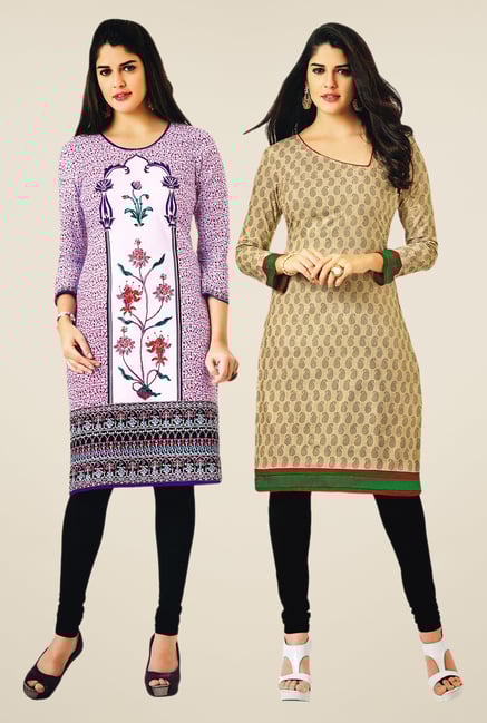 Salwar Studio Purple & Beige Kurtis (Pack Of 2) Salwar Studio Purple & Beige Kurtis (Pack Of 2)