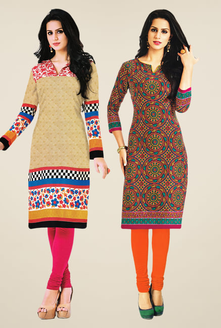 Salwar Studio Beige & Multicolor Kurtis (Pack Of 2) Salwar Studio Beige & Multicolor Kurtis (Pack Of 2)