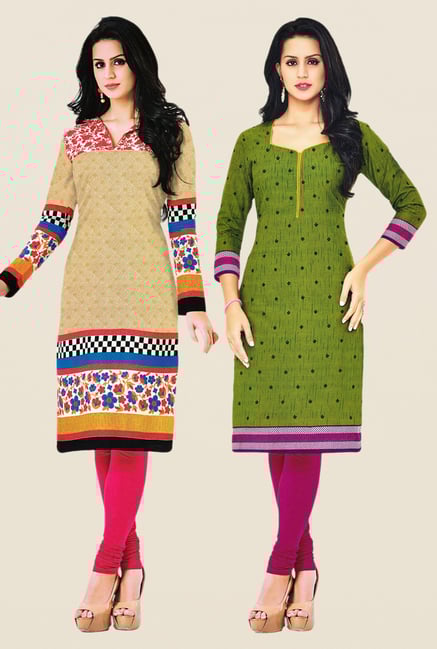 Salwar Studio Beige & Green Kurtis (Pack Of 2) Salwar Studio Beige & Green Kurtis (Pack Of 2)