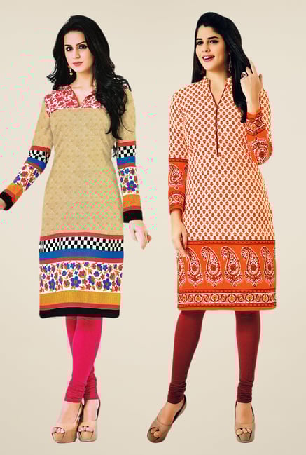 Salwar Studio Beige & Orange Kurtis (Pack Of 2) Salwar Studio Beige & Orange Kurtis (Pack Of 2)