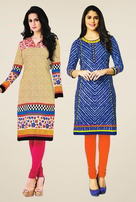 Salwar Studio Beige & Blue Kurtis (Pack Of 2) Salwar Studio Beige & Blue Kurtis (Pack Of 2)