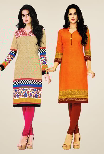Salwar Studio Beige & Orange Kurtis (Pack Of 2) Salwar Studio Beige & Orange Kurtis (Pack Of 2)