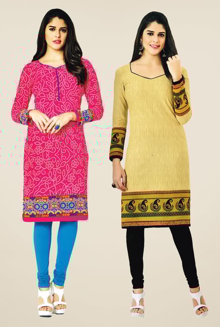 Salwar Studio Pink & Yellow Kurtis (Pack Of 2) Salwar Studio Pink & Yellow Kurtis (Pack Of 2)
