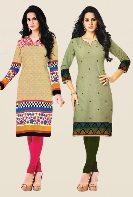 Salwar Studio Beige & Olive Kurtis (Pack Of 2) Salwar Studio Beige & Olive Kurtis (Pack Of 2)
