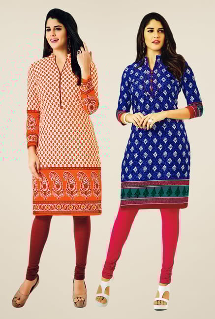 Salwar Studio Orange & Blue Kurtis (Pack Of 2) Salwar Studio Orange & Blue Kurtis (Pack Of 2)