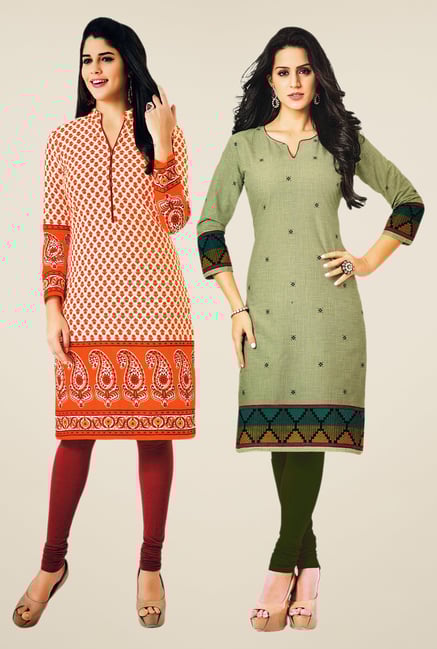 Salwar Studio Orange & Olive Kurtis (Pack Of 2) Salwar Studio Orange & Olive Kurtis (Pack Of 2)