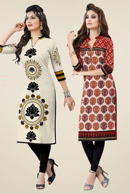 Salwar Studio Cream & Red Kurtis (Pack Of 2) Salwar Studio Cream & Red Kurtis (Pack Of 2)
