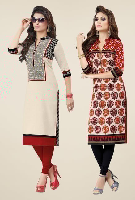 Salwar Studio Cream & Red Kurtis (Pack Of 2) Salwar Studio Cream & Red Kurtis (Pack Of 2)