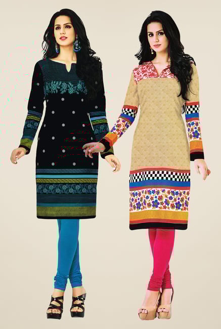 Salwar Studio Black & Beige Kurtis (Pack Of 2) Salwar Studio Black & Beige Kurtis (Pack Of 2)