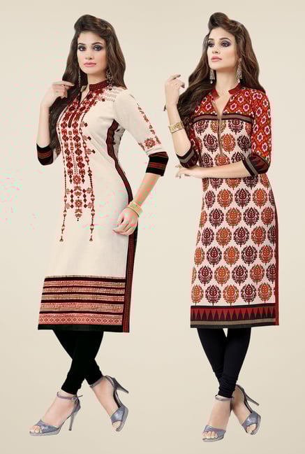 Salwar Studio Cream & Red Kurtis (Pack Of 2) Salwar Studio Cream & Red Kurtis (Pack Of 2)