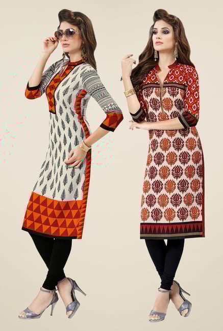 Salwar Studio Cream & Red Kurtis (Pack Of 2) Salwar Studio Cream & Red Kurtis (Pack Of 2)