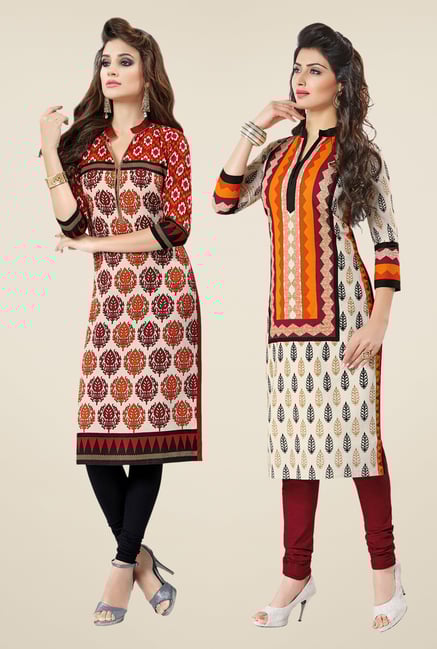 Salwar Studio Red & Cream Kurtis (Pack Of 2) Salwar Studio Red & Cream Kurtis (Pack Of 2)
