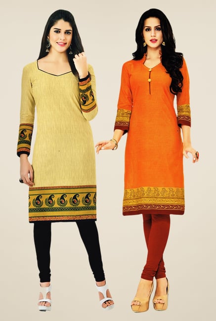 Salwar Studio Beige & Orange Kurtis (Pack Of 2) Salwar Studio Beige & Orange Kurtis (Pack Of 2)