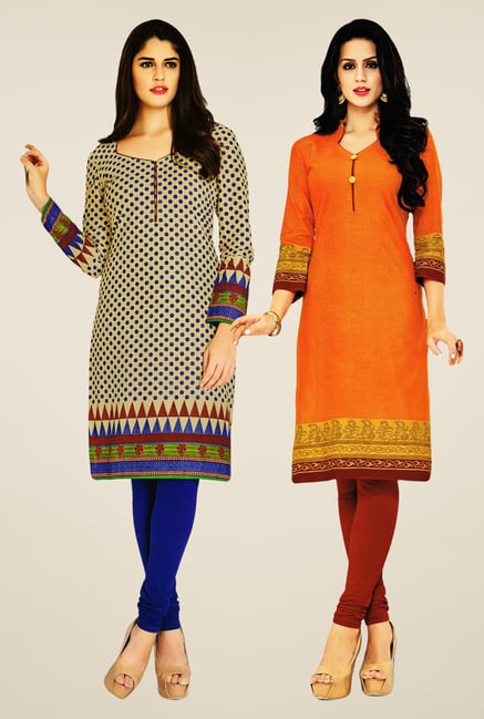 Salwar Studio Beige & Orange Kurtis (Pack Of 2) Salwar Studio Beige & Orange Kurtis (Pack Of 2)