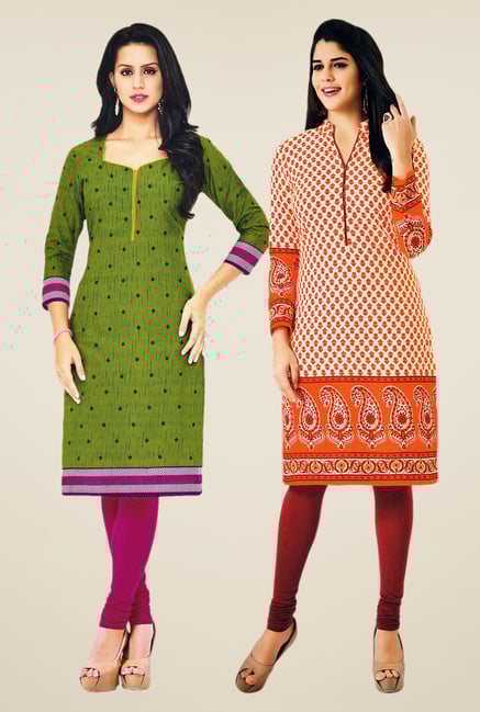 Salwar Studio Green & Orange Kurtis (Pack Of 2) Salwar Studio Green & Orange Kurtis (Pack Of 2)
