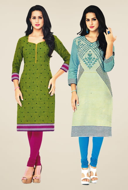 Salwar Studio Green & Cream Kurtis (Pack Of 2) Salwar Studio Green & Cream Kurtis (Pack Of 2)