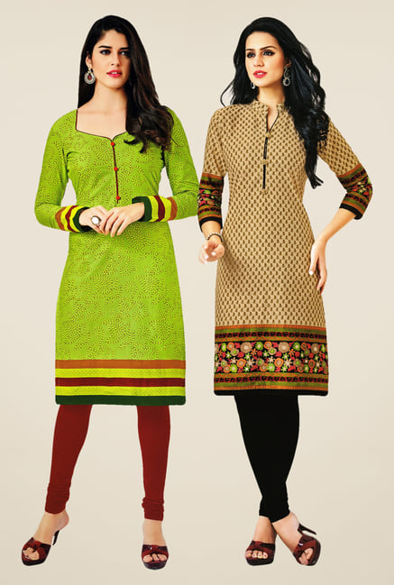 Salwar Studio Green & Beige Kurtis (Pack Of 2) Salwar Studio Green & Beige Kurtis (Pack Of 2)