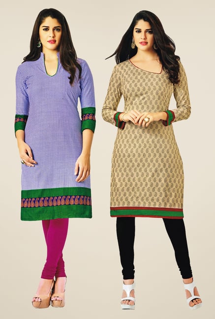 Salwar Studio Blue & Beige Kurtis (Pack Of 2) Salwar Studio Blue & Beige Kurtis (Pack Of 2)