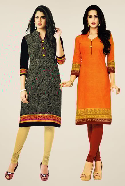 Salwar Studio Black & Orange Kurtis (Pack Of 2) Salwar Studio Black & Orange Kurtis (Pack Of 2)