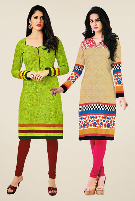 Salwar Studio Green & Beige Kurtis (Pack Of 2) Salwar Studio Green & Beige Kurtis (Pack Of 2)