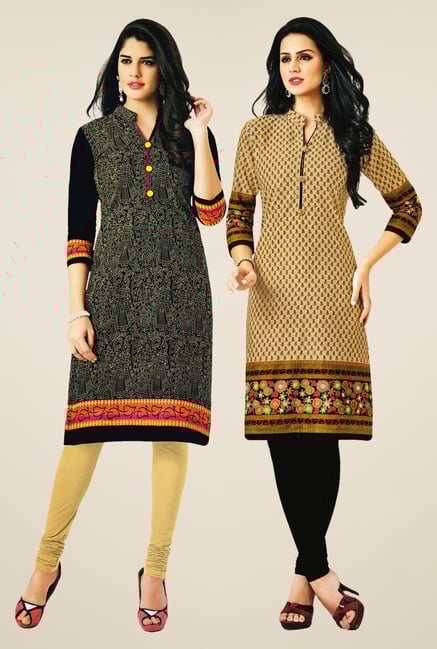 Salwar Studio Black & Beige Kurtis (Pack Of 2) Salwar Studio Black & Beige Kurtis (Pack Of 2)