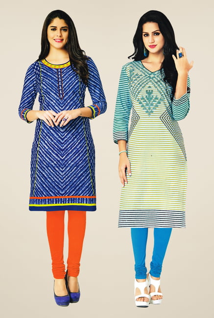 Salwar Studio Blue & Cream Kurtis (Pack Of 2) Salwar Studio Blue & Cream Kurtis (Pack Of 2)