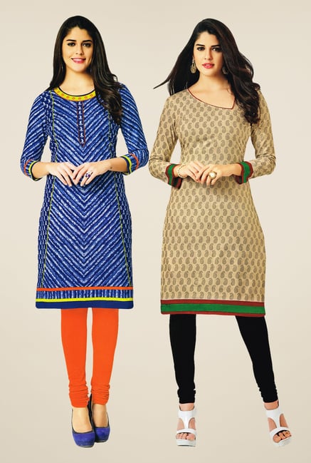 Salwar Studio Blue & Beige Kurtis (Pack Of 2) Salwar Studio Blue & Beige Kurtis (Pack Of 2)