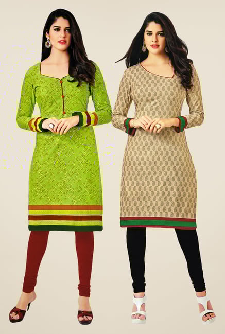 Salwar Studio Green & Beige Kurtis (Pack Of 2) Salwar Studio Green & Beige Kurtis (Pack Of 2)