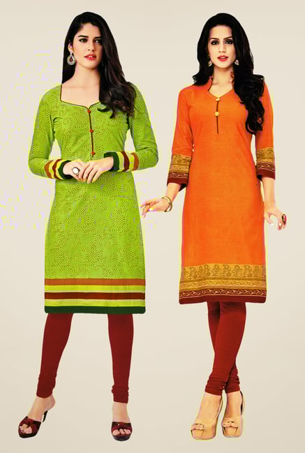 Salwar Studio Green & Orange Kurtis (Pack Of 2) Salwar Studio Green & Orange Kurtis (Pack Of 2)