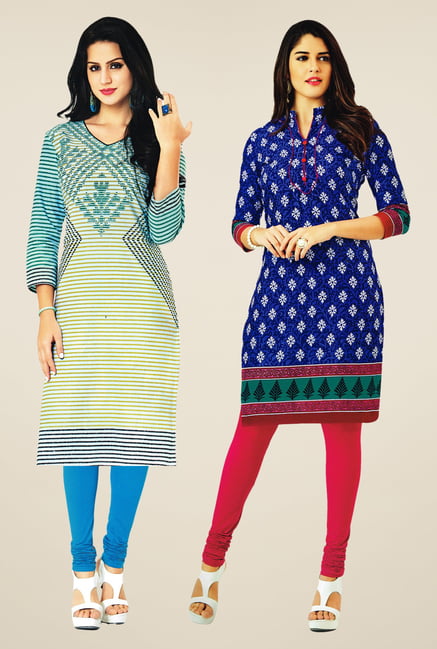 Salwar Studio Cream & Blue Kurtis (Pack Of 2) Salwar Studio Cream & Blue Kurtis (Pack Of 2)