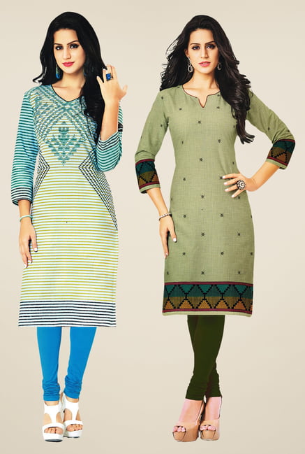 Salwar Studio Cream & Olive Kurtis (Pack Of 2) Salwar Studio Cream & Olive Kurtis (Pack Of 2)