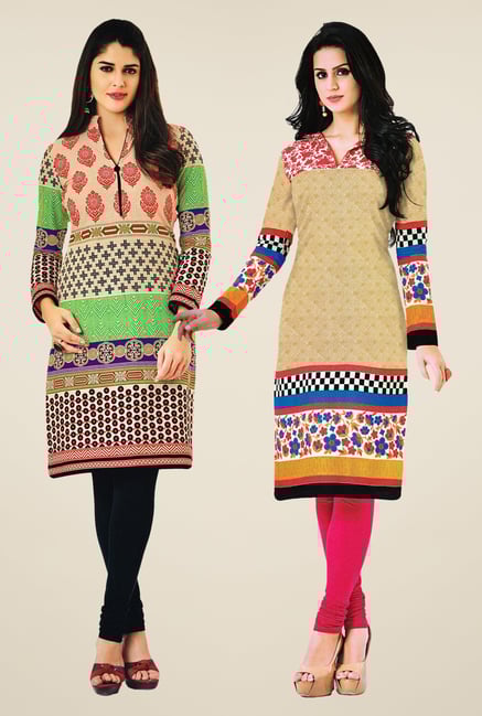 Salwar Studio Multicolor & Beige Kurtis (Pack Of 2) Salwar Studio Multicolor & Beige Kurtis (Pack Of 2)