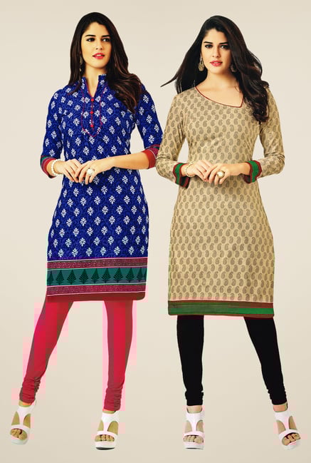Salwar Studio Blue & Beige Kurtis (Pack Of 2) Salwar Studio Blue & Beige Kurtis (Pack Of 2)