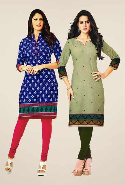 Salwar Studio Blue & Olive Kurtis (Pack Of 2) Salwar Studio Blue & Olive Kurtis (Pack Of 2)