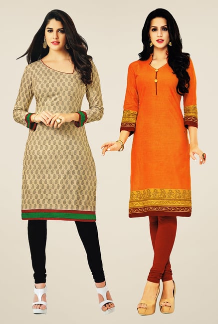 Salwar Studio Beige & Orange Kurtis (Pack Of 2) Salwar Studio Beige & Orange Kurtis (Pack Of 2)