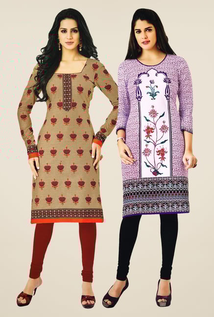 Salwar Studio Beige & Purple Kurtis (Pack Of 2) Salwar Studio Beige & Purple Kurtis (Pack Of 2)