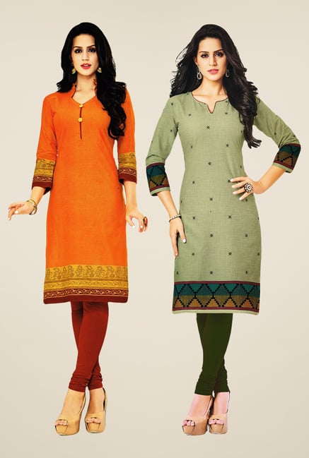 Salwar Studio Orange & Olive Kurtis (Pack Of 2) Salwar Studio Orange & Olive Kurtis (Pack Of 2)