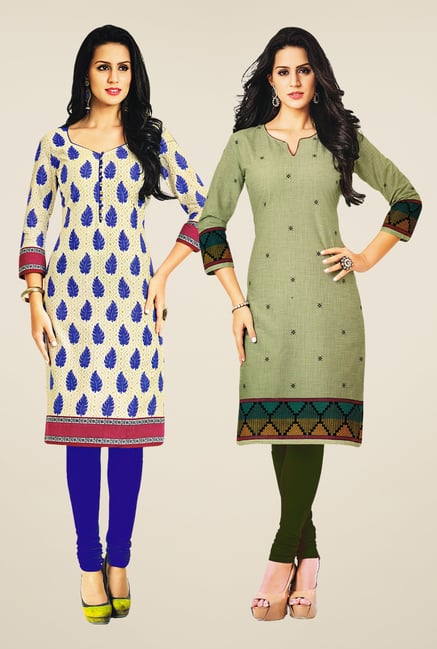 Salwar Studio Cream & Olive Kurtis (Pack Of 2) Salwar Studio Cream & Olive Kurtis (Pack Of 2)