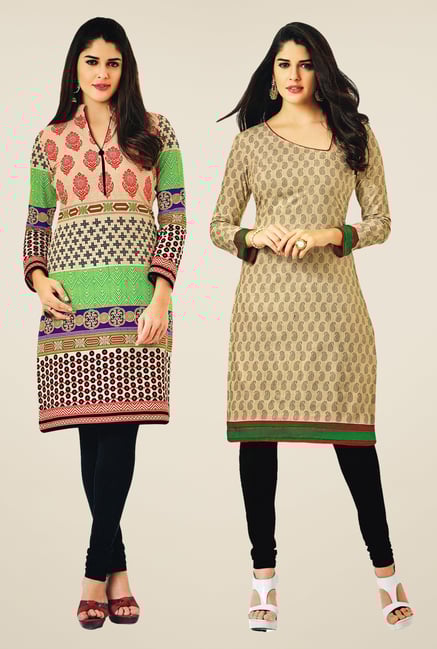 Salwar Studio Multicolor & Beige Kurtis (Pack Of 2) Salwar Studio Multicolor & Beige Kurtis (Pack Of 2)
