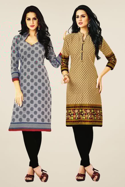 Salwar Studio Grey & Beige Kurtis (Pack Of 2) Salwar Studio Grey & Beige Kurtis (Pack Of 2)