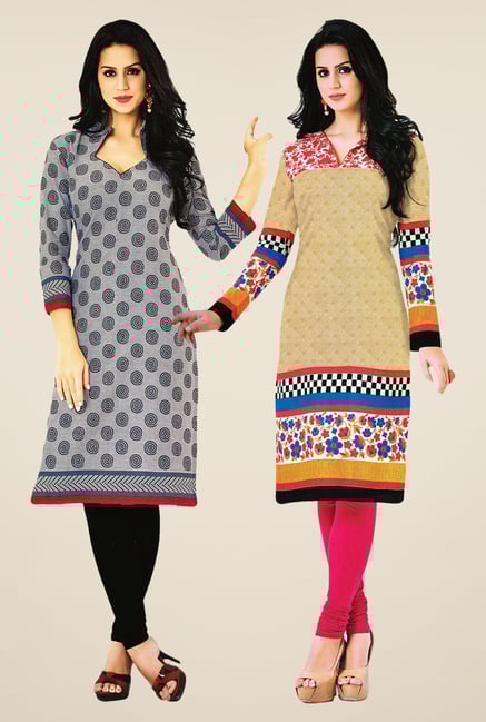Salwar Studio Grey & Beige Kurtis (Pack Of 2) Salwar Studio Grey & Beige Kurtis (Pack Of 2)