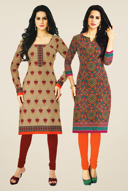 Salwar Studio Beige & Orange Kurtis (Pack Of 2) Salwar Studio Beige & Orange Kurtis (Pack Of 2)