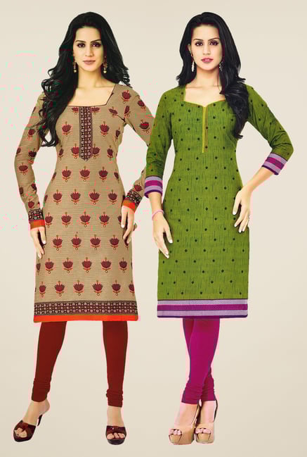 Salwar Studio Beige & Green Kurtis (Pack Of 2) Salwar Studio Beige & Green Kurtis (Pack Of 2)