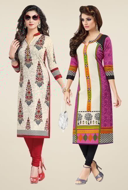 Salwar Studio Cream & Pink Kurtis (Pack Of 2) Salwar Studio Cream & Pink Kurtis (Pack Of 2)