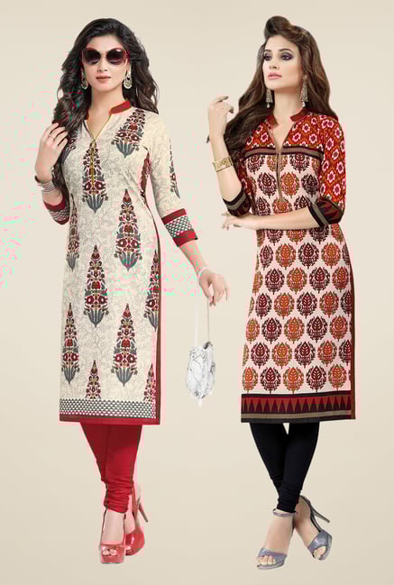 Salwar Studio Cream & Red Kurtis (Pack Of 2) Salwar Studio Cream & Red Kurtis (Pack Of 2)