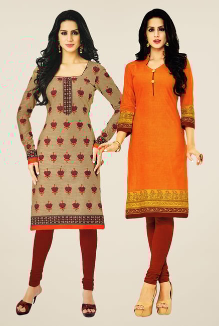Salwar Studio Beige & Orange Kurtis (Pack Of 2) Salwar Studio Beige & Orange Kurtis (Pack Of 2)