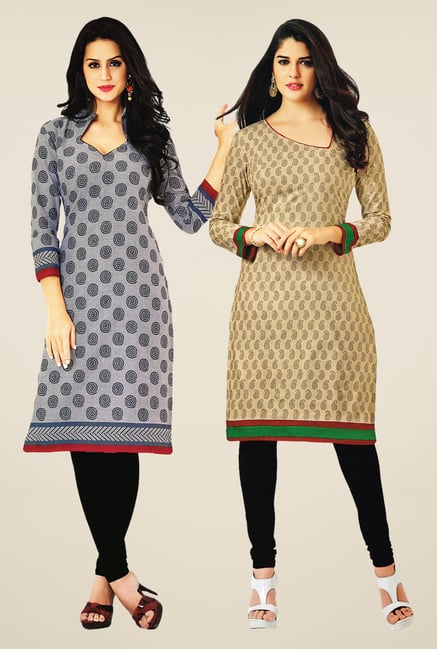 Salwar Studio Grey & Beige Kurtis (Pack Of 2) Salwar Studio Grey & Beige Kurtis (Pack Of 2)