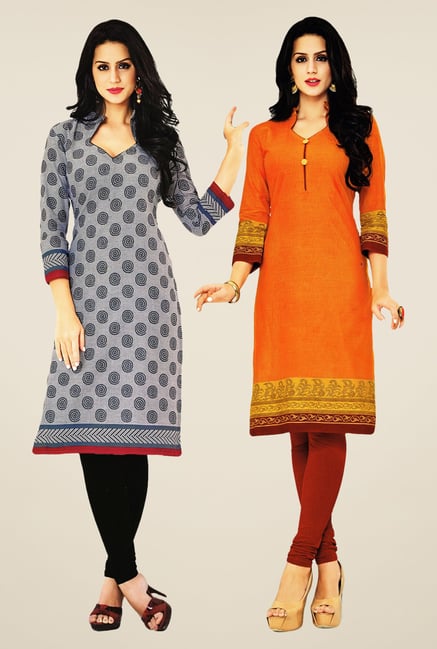 Salwar Studio Grey & Orange Kurtis (Pack Of 2) Salwar Studio Grey & Orange Kurtis (Pack Of 2)