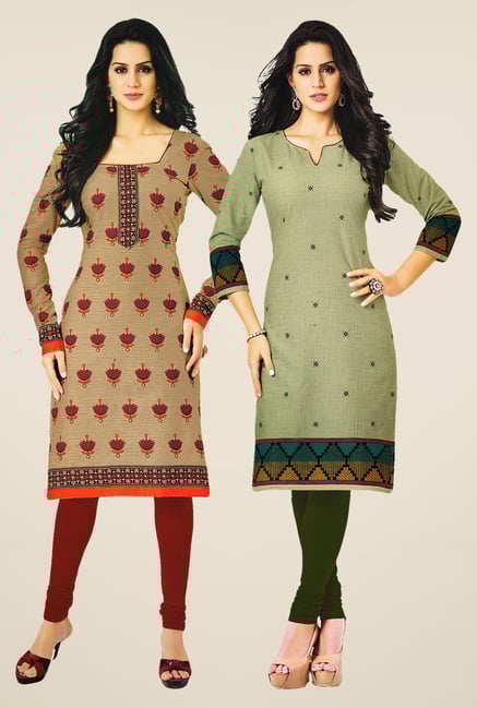 Salwar Studio Beige & Green Kurtis (Pack Of 2) Salwar Studio Beige & Green Kurtis (Pack Of 2)